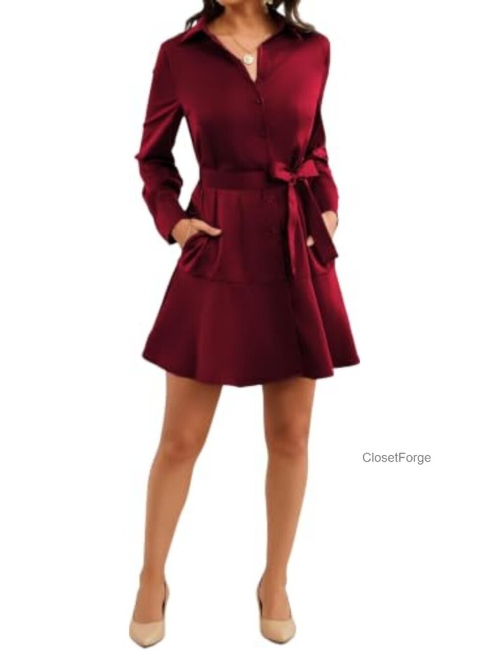 Satin Button Up Midi Shirt Dress Belted Pockets Work Office Business